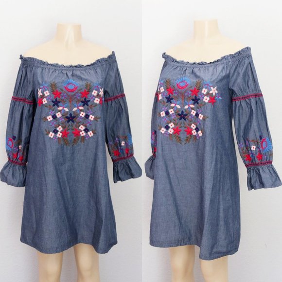 Max Studio 100% Cotton Floral Embroidered Off Shoulder Denim Chambray Dress M - Picture 10 of 15